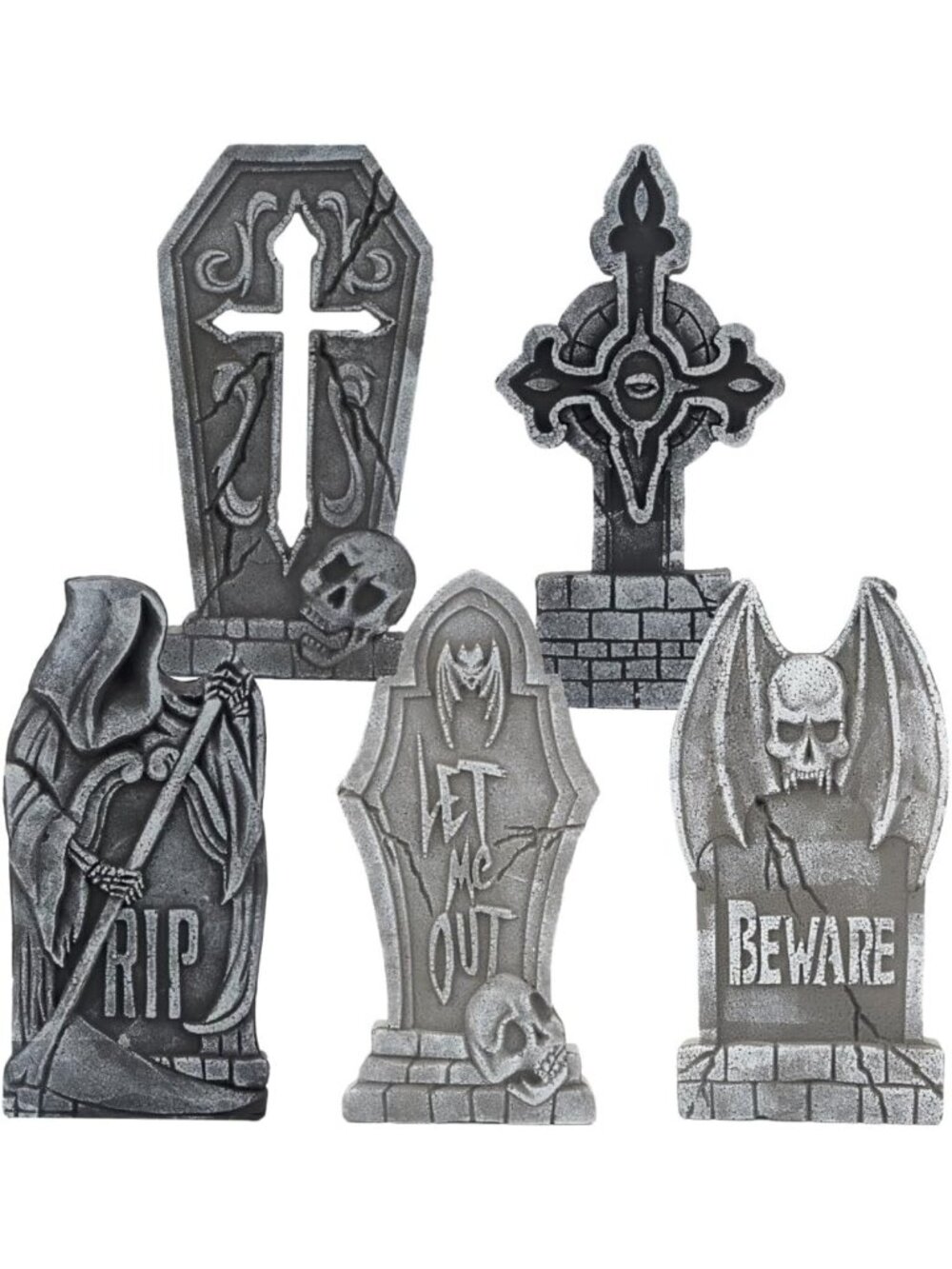 17" Halloween Foam Tombstones - 5 Pack Graveyard Decor with Metal Stakes for